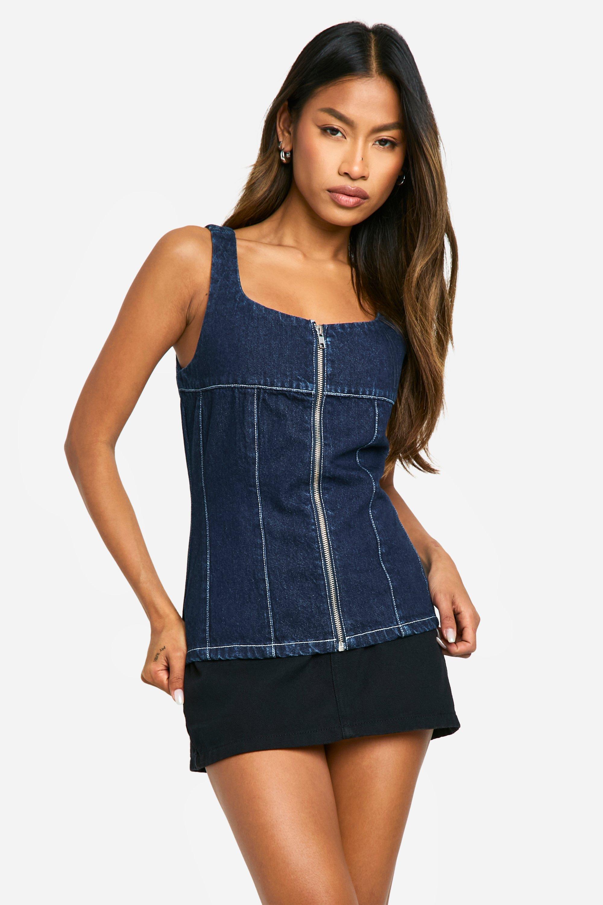 Womens Contrast Stitch Seam Detail Raw Indigo Denim Corset Top - Blue - 12, Blue